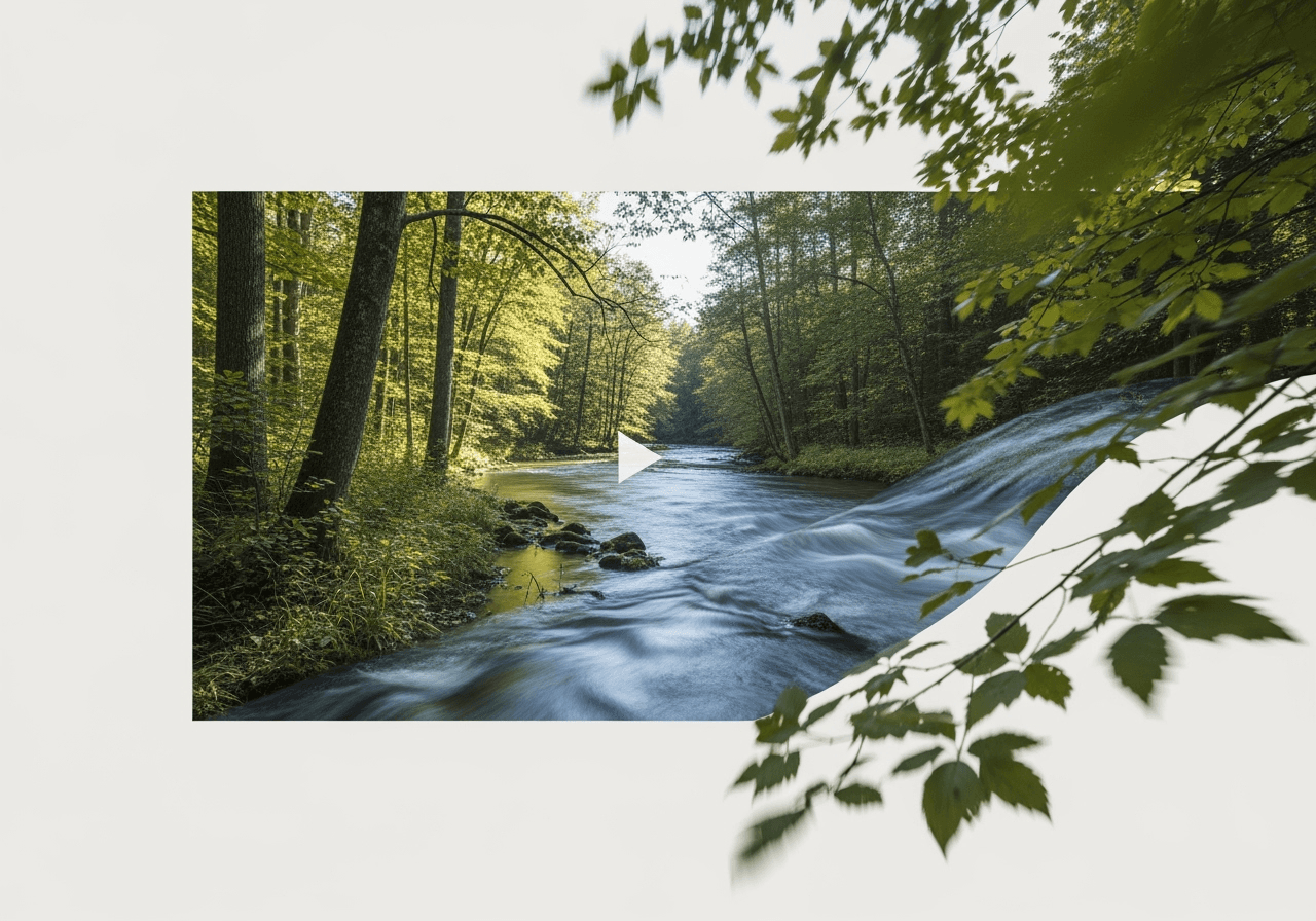 A still photograph of a forest with a river that is visibly flowing and coming to life.