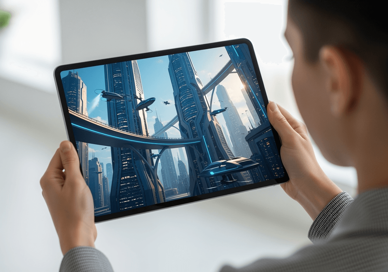 A person holding a tablet that shows a high-quality AI-generated video of a futuristic city.