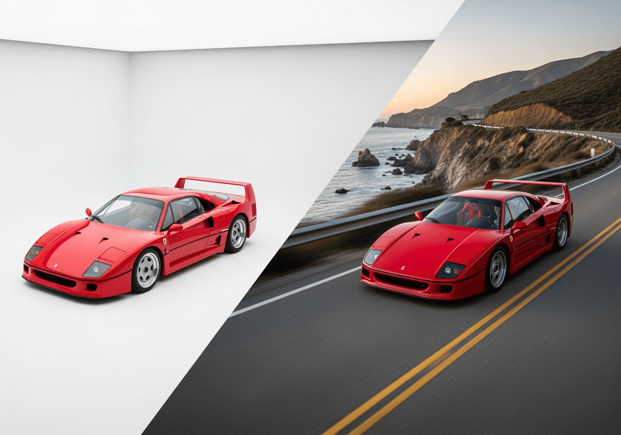 A static photo of a red sports car transitioning into a dynamic video of it driving, symbolizing AI video creation.