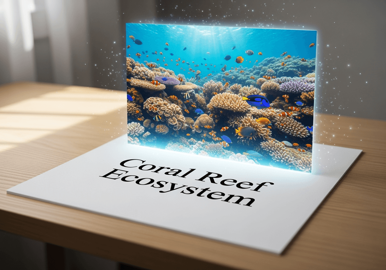 A text prompt on a desk magically transforming into a photorealistic video of a coral reef, representing text-to-video AI.