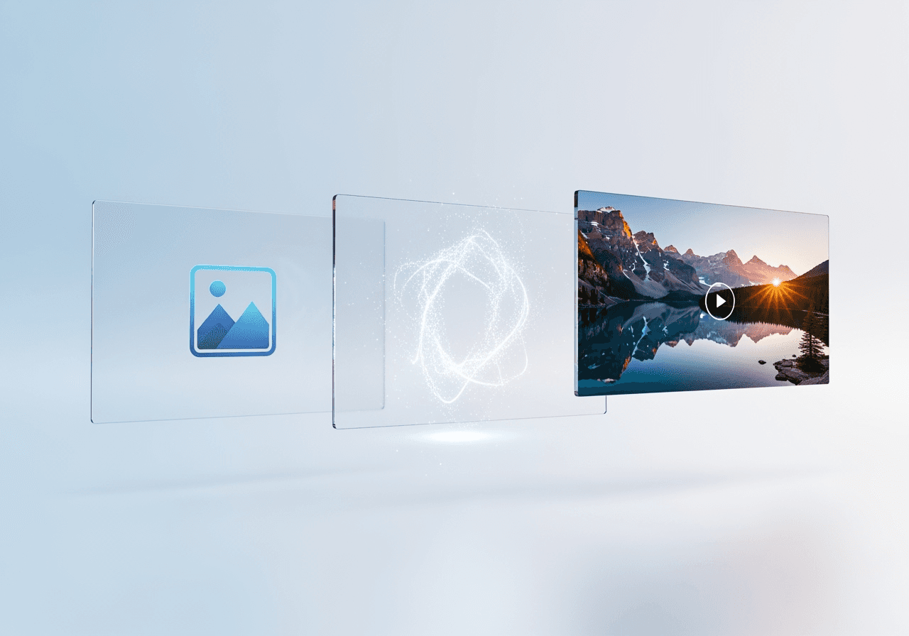 Three abstract panels visually representing the simple three-step process of AI video generation: input, processing, and output.