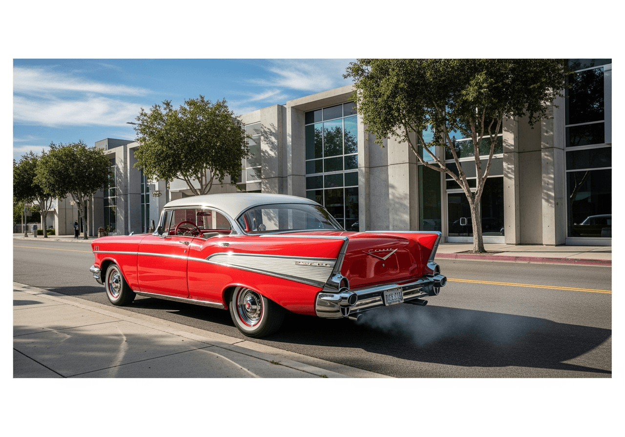 A static photo of a car transforming into a dynamic video of it driving away, symbolizing image-to-video AI.