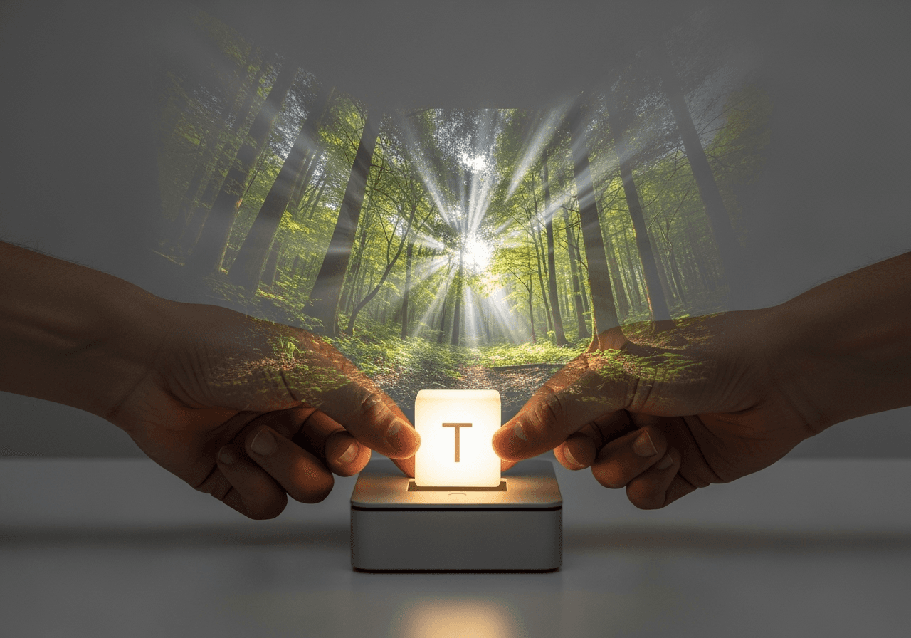 Hands inserting a text block into a machine to generate a video, symbolizing the simple three-step process.