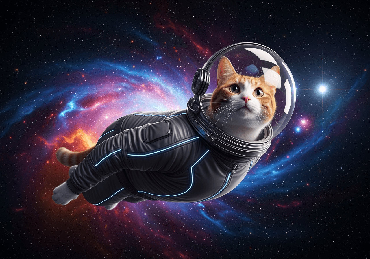 A cinematic image of a cat in an astronaut helmet floating in a space nebula, representing AI's creative video power.