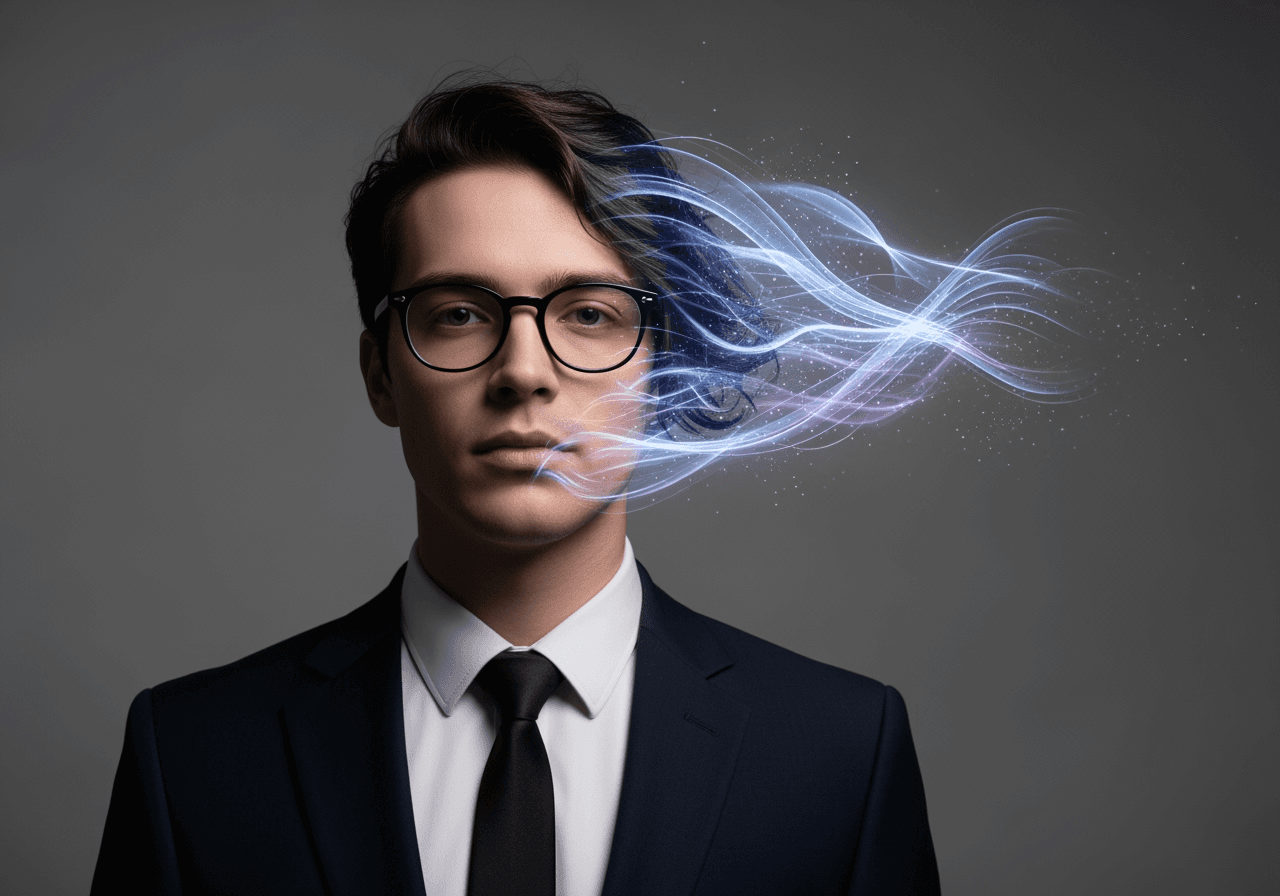A single portrait photograph on a clean background with digital light trails flowing from it, representing an AI bringing an image to life.