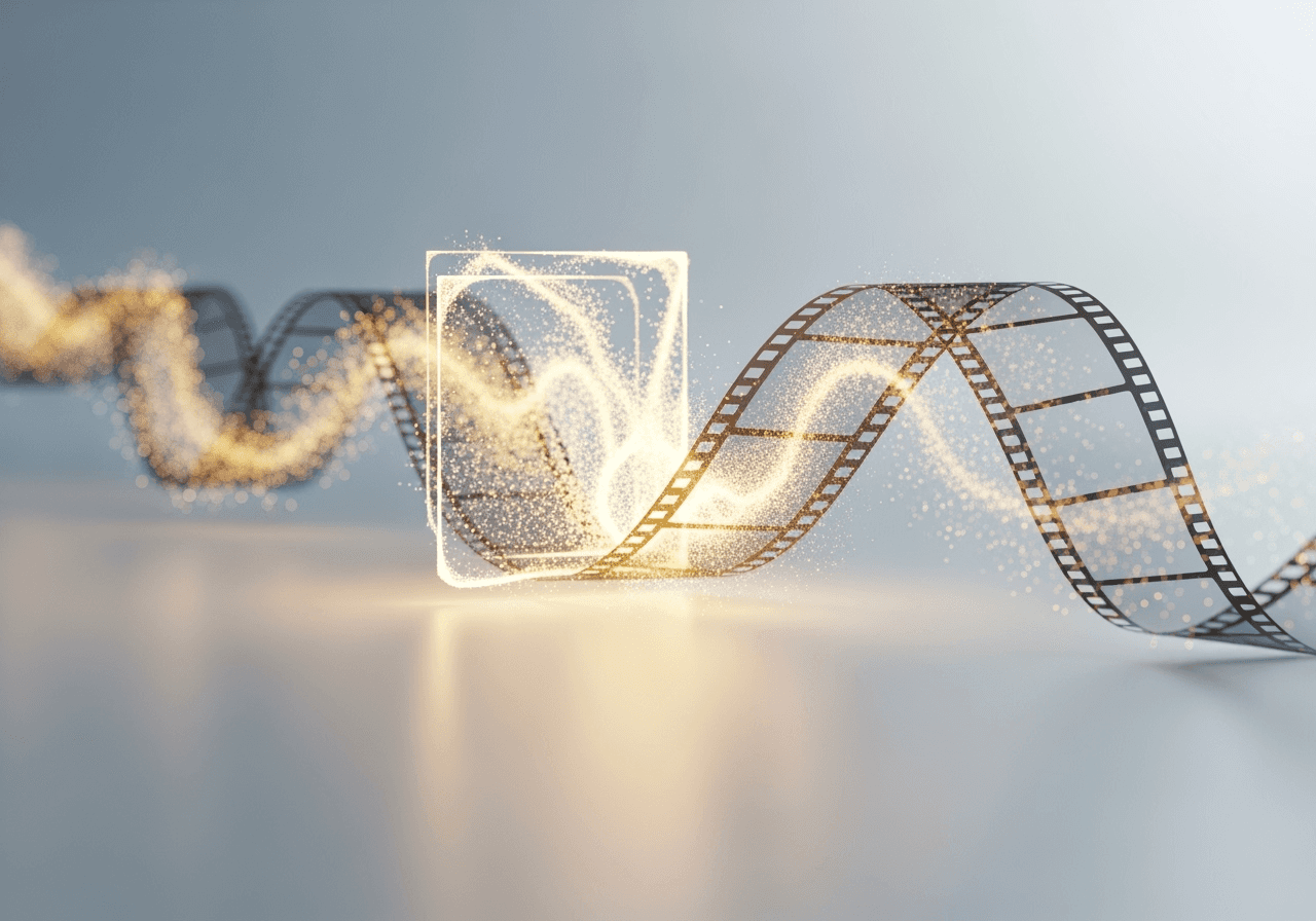 Conceptual image of thought particles forming a film strip, representing imagination turned into video.