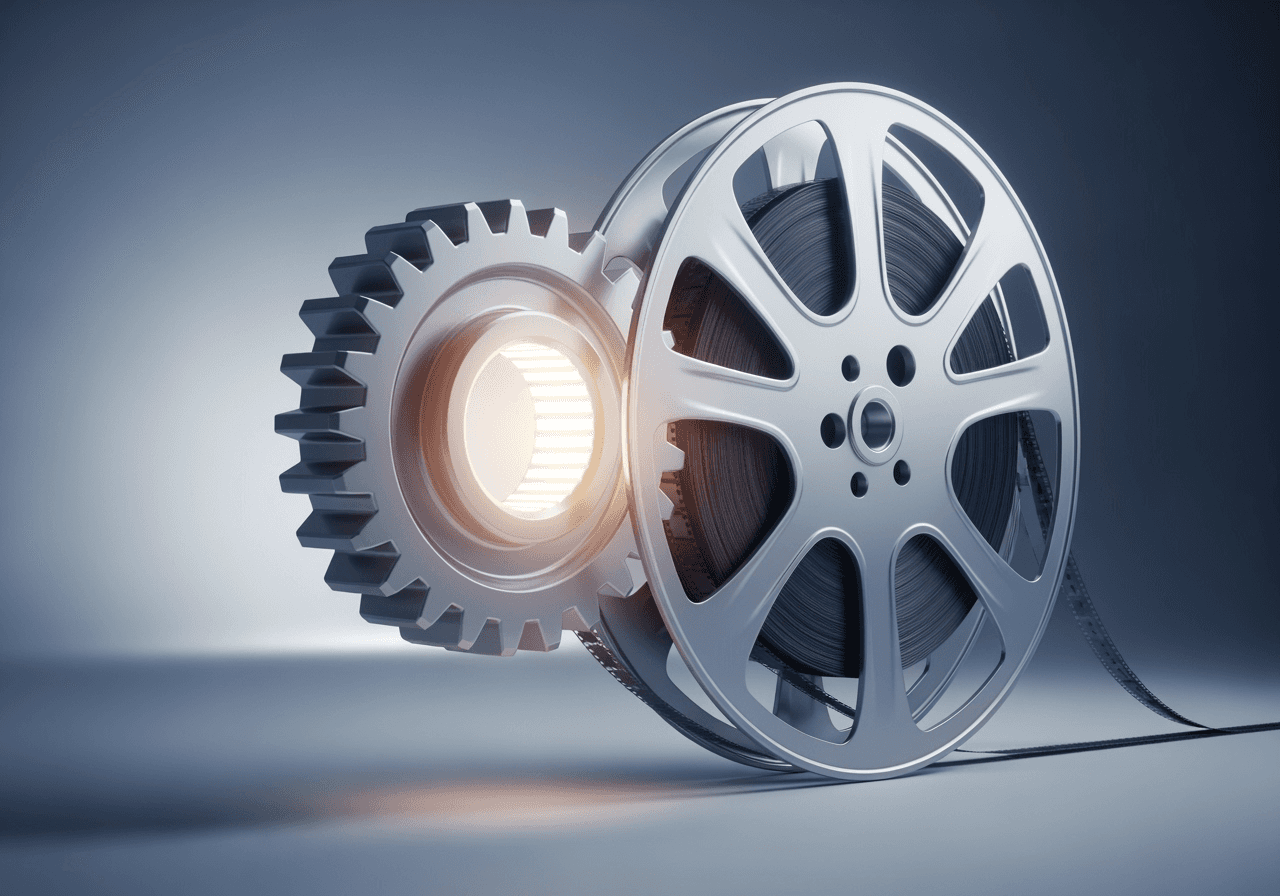 A minimalist image of a small gear moving a large film reel, symbolizing content creation efficiency.