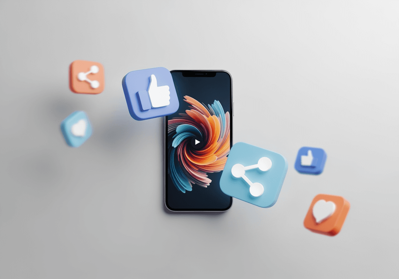 A smartphone displaying a vibrant video, attracting social media engagement icons, on a minimalist desk.