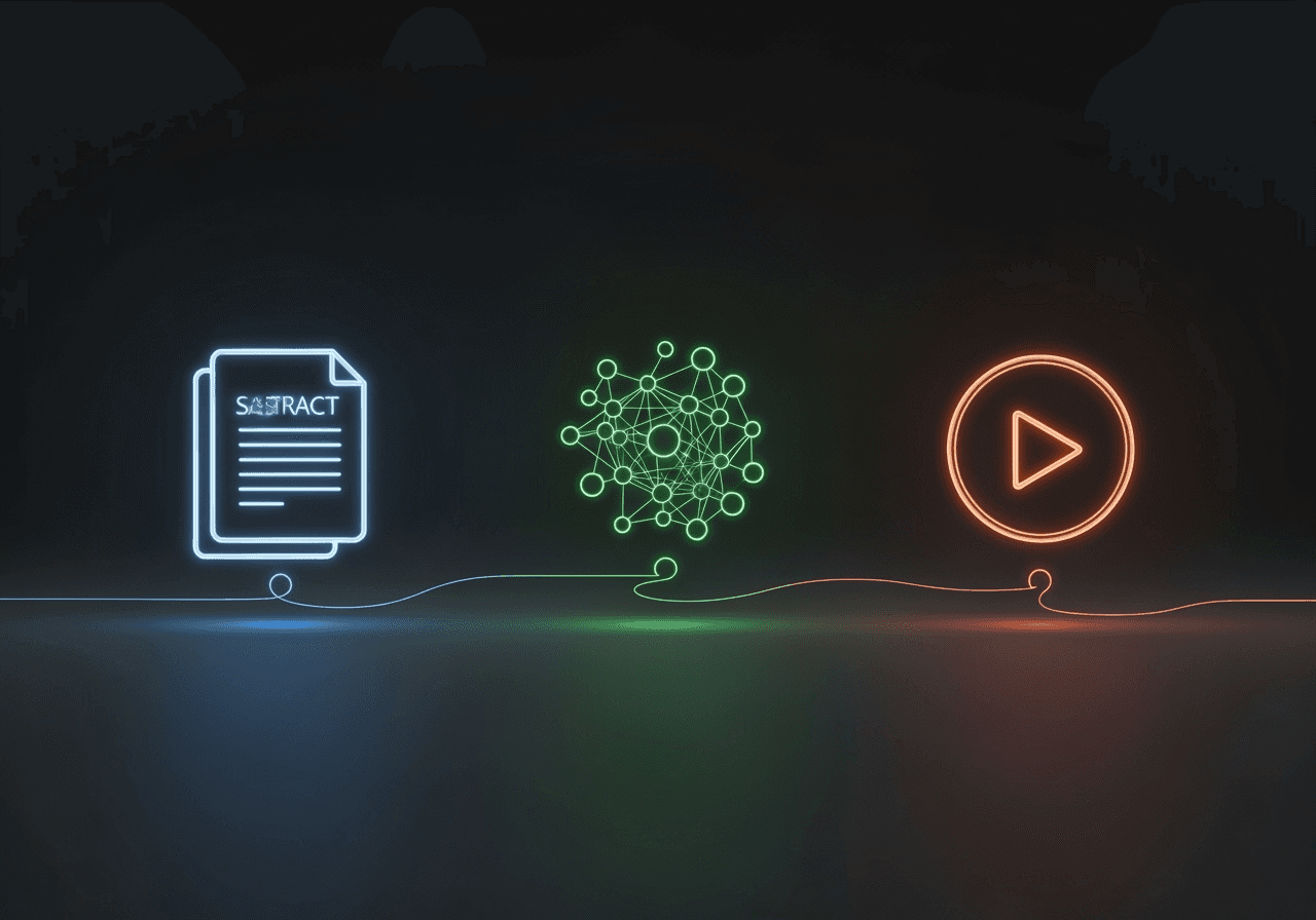 Three minimalist icons representing the text-to-video AI process: text input, AI processing, and video output.