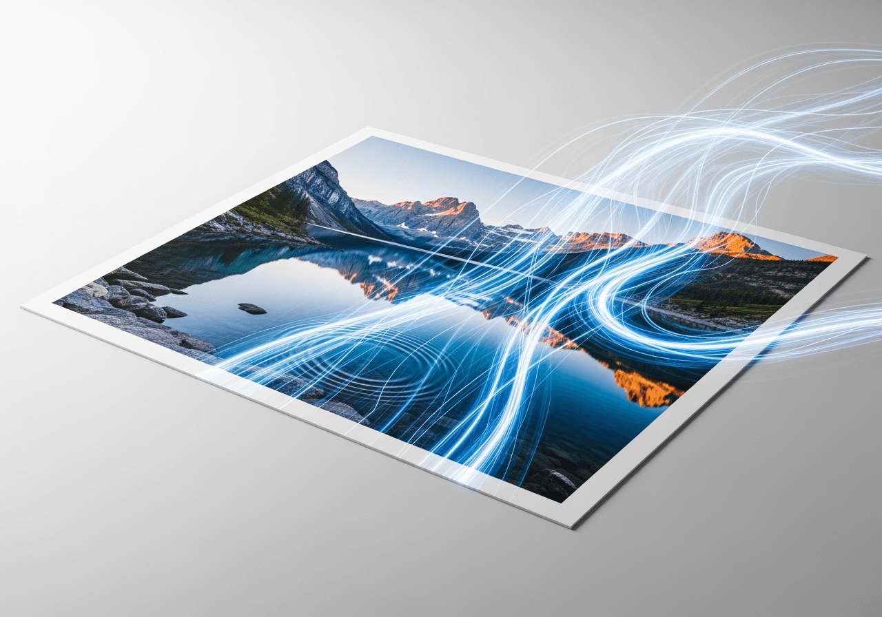 A static photo of a lake coming to life with motion flowing out of its frame, on a clean, minimalist background.