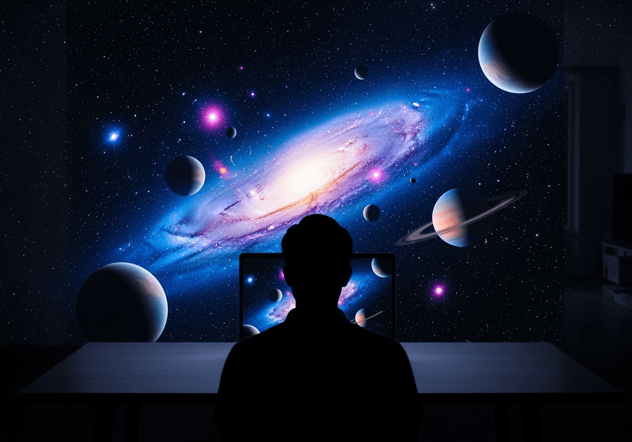 A person at a desk with a vast galaxy projecting from their screen, symbolizing the boundless creativity of AI video generation.