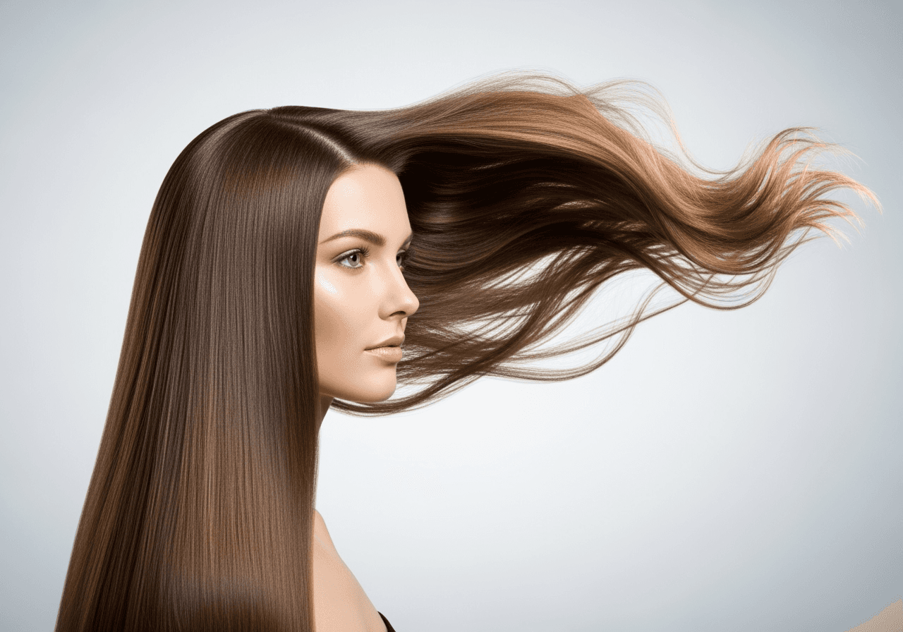 A portrait of a woman where one half of her hair is static and the other half is flowing in the wind.