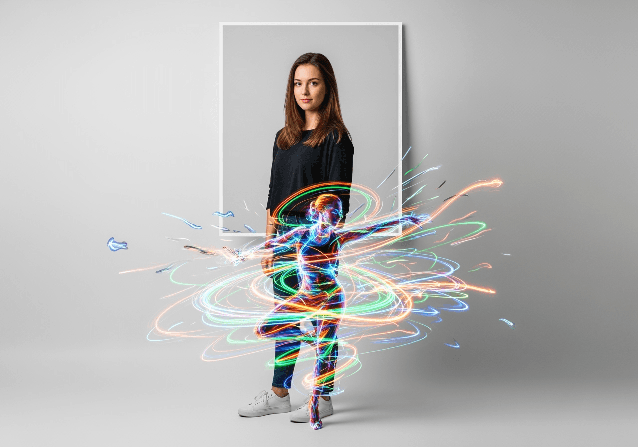 An abstract image showing a photo transforming into a dynamic dancing figure made of light.