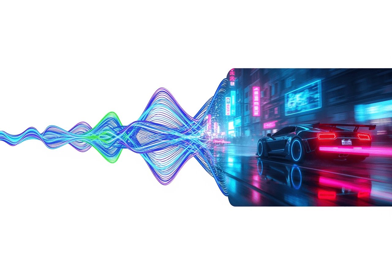 Abstract glowing text lines transforming into a cinematic futuristic city video scene.