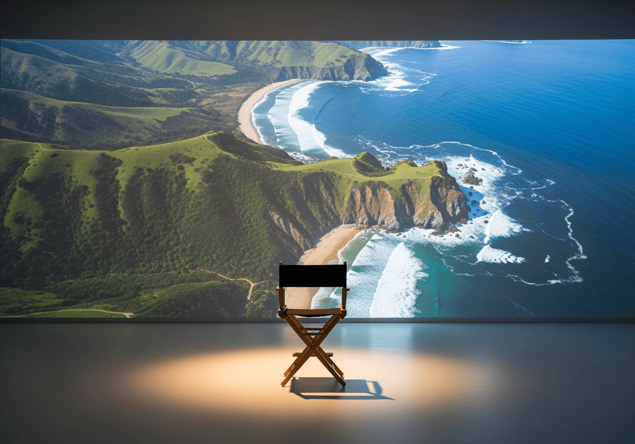 A director's chair with a projected aerial coastline shot, symbolizing easy cinematic control.