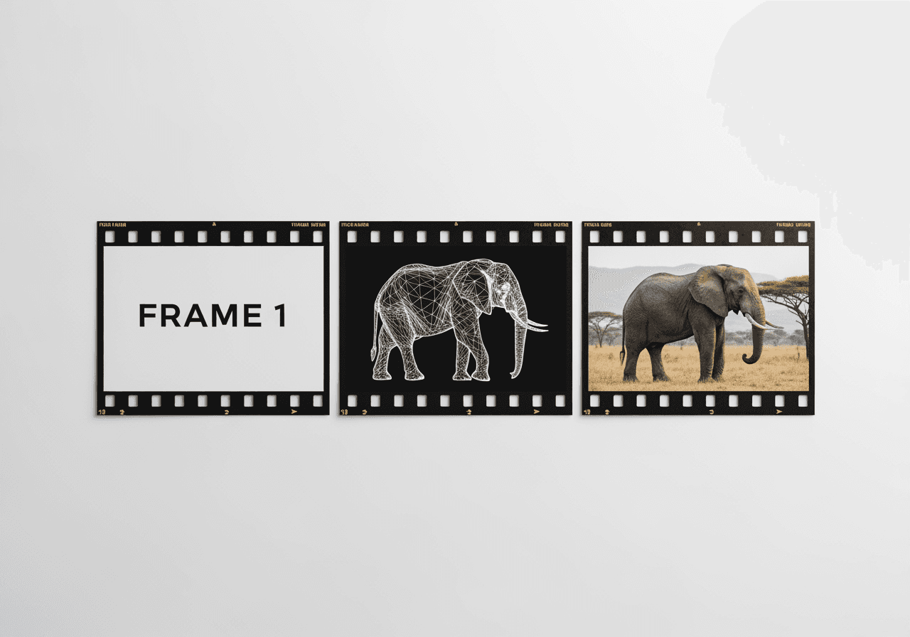 Three film frames showing the progression from text to a photorealistic elephant, representing high-quality AI video generation.