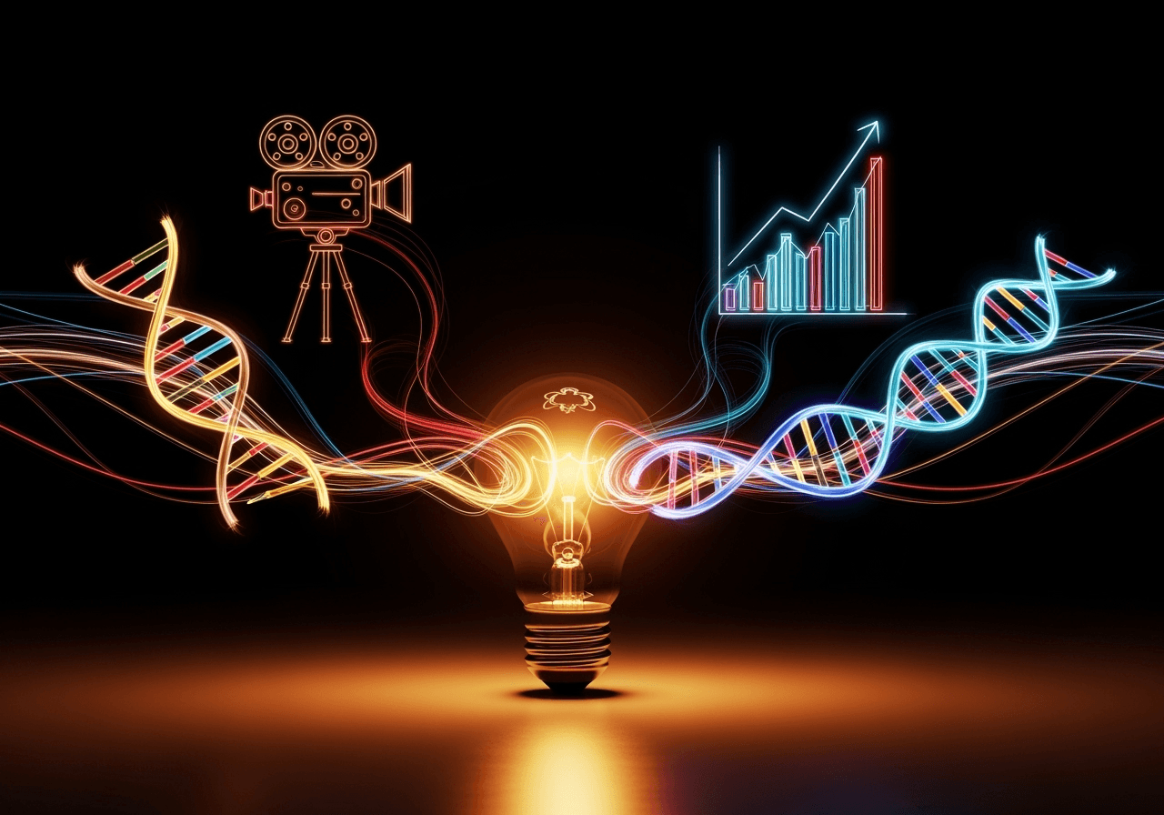 A lightbulb emitting streams of light that form shapes, representing the creative applications of AI video in various fields.