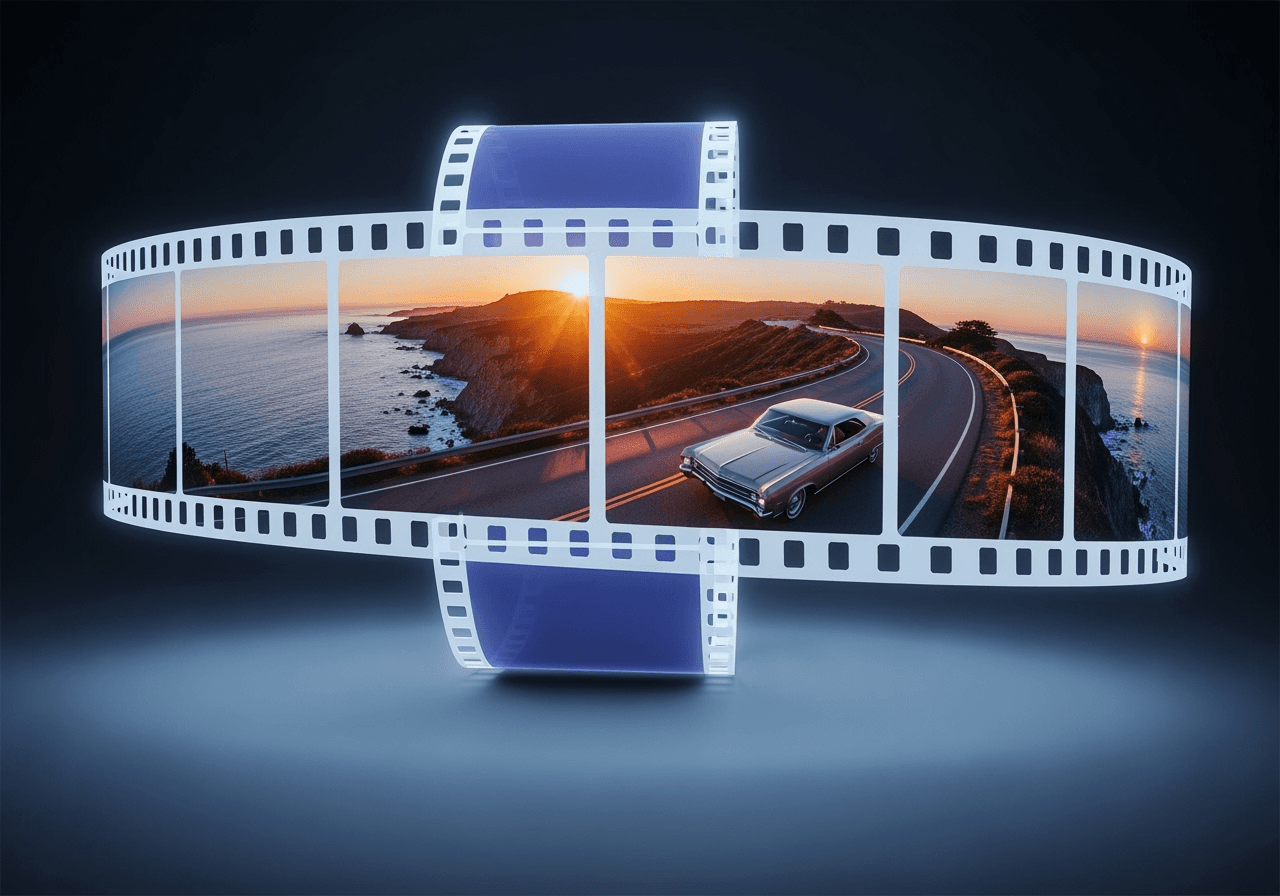 A glowing holographic film strip showing a cinematic scene, symbolizing AI video creation.