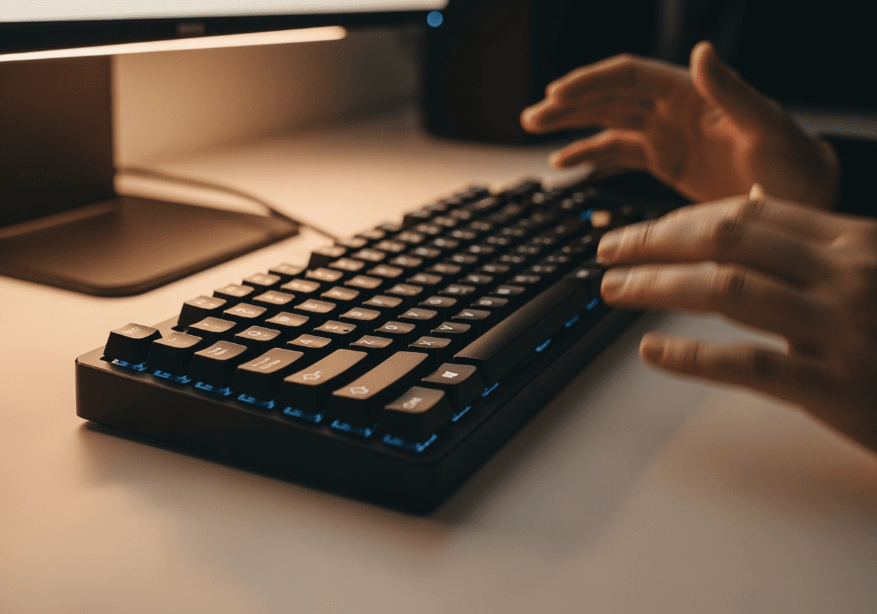 A minimalist keyboard glowing with light, symbolizing the simple and intuitive process of generating AI video.
