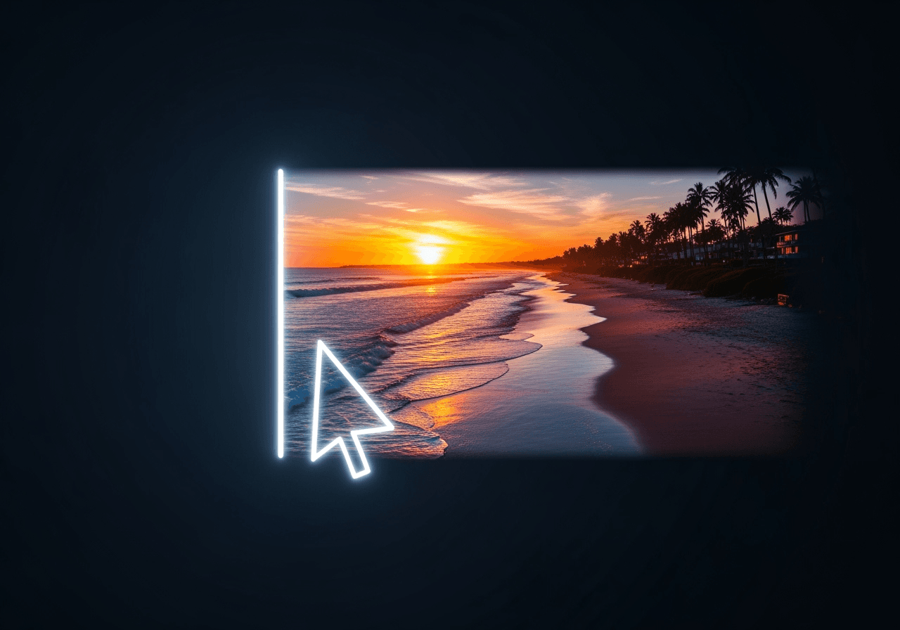 A glowing text prompt transforming into a cinematic beach scene, representing AI text-to-video generation.