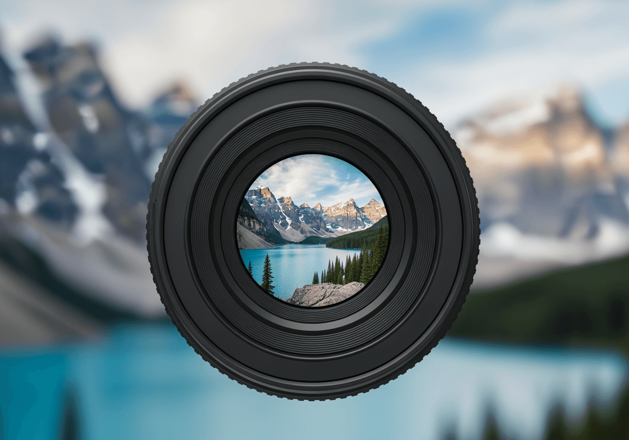 Close-up of a camera lens reflecting a high-resolution landscape, symbolizing cinematic AI video quality.