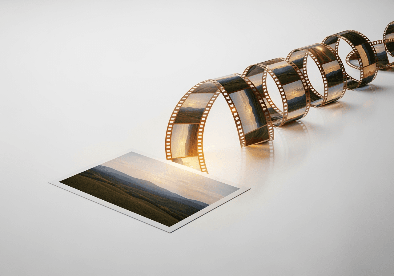 A photo transforming into a glowing film strip, symbolizing AI video creation from an image.