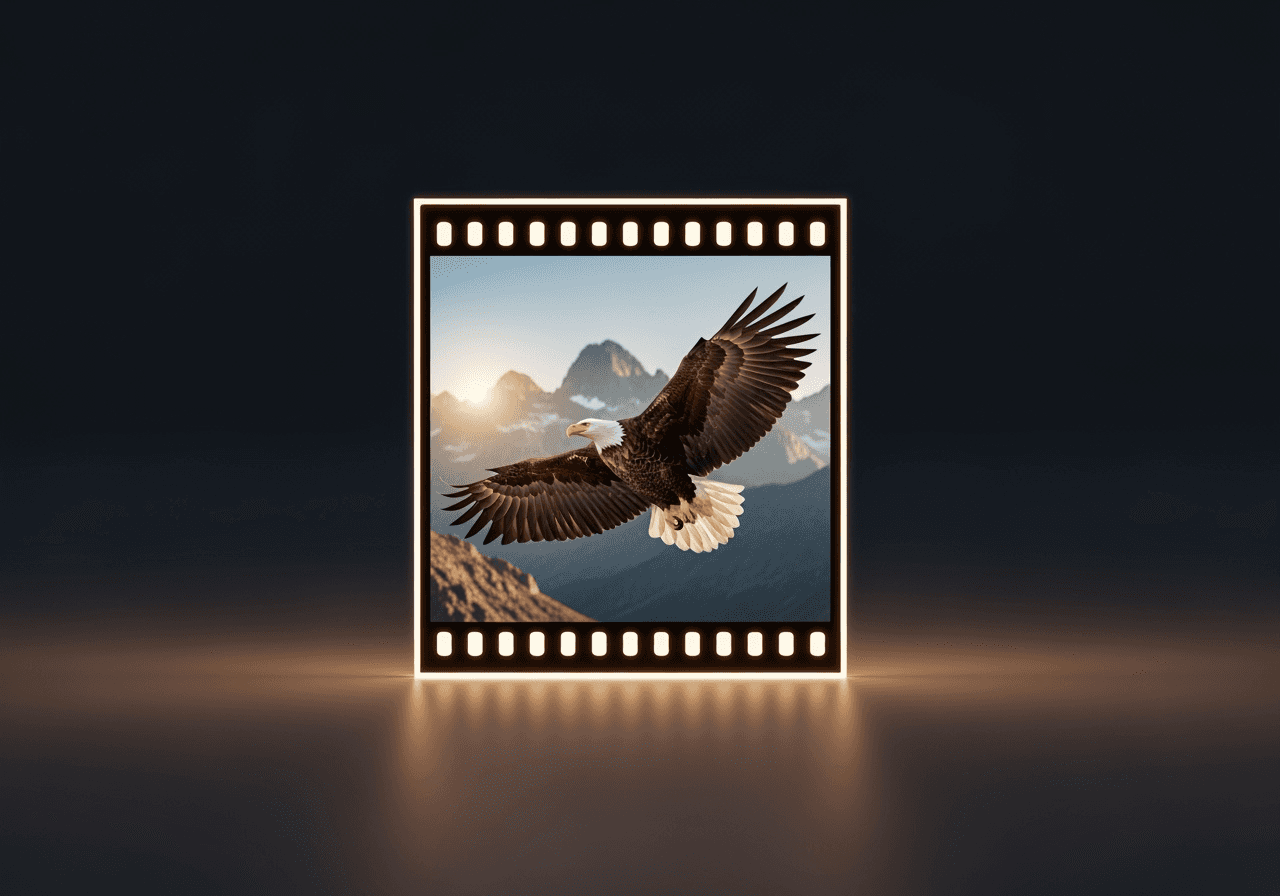 A hyper-realistic close-up of a film frame showing a detailed eagle, representing AI video quality and realism.