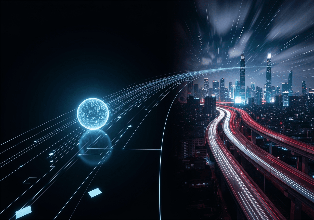 An abstract image of a simple sphere quickly becoming a complex landscape, symbolizing the easy and fast AI video creation process.