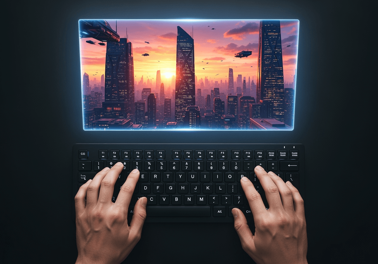 Hands on a keyboard with a holographic projection of a cinematic city, representing easy video creation.