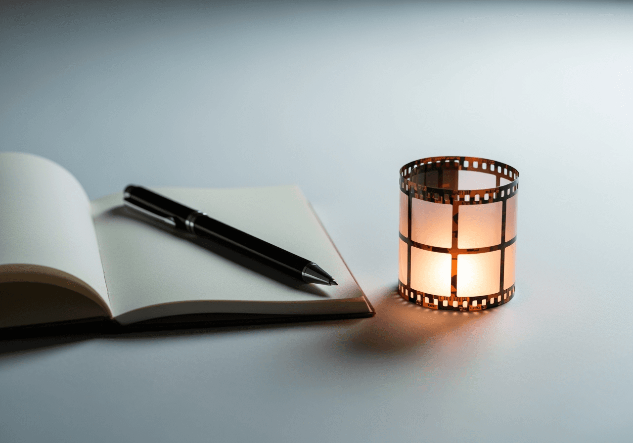 A pen and notebook next to a glowing film strip, symbolizing the creative process from idea to video.