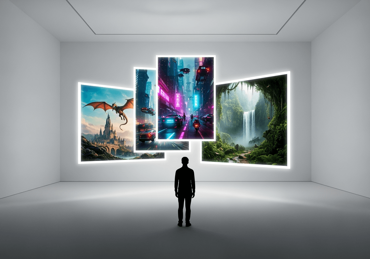 A silhouette of a creator surrounded by floating screens showing diverse cinematic worlds.