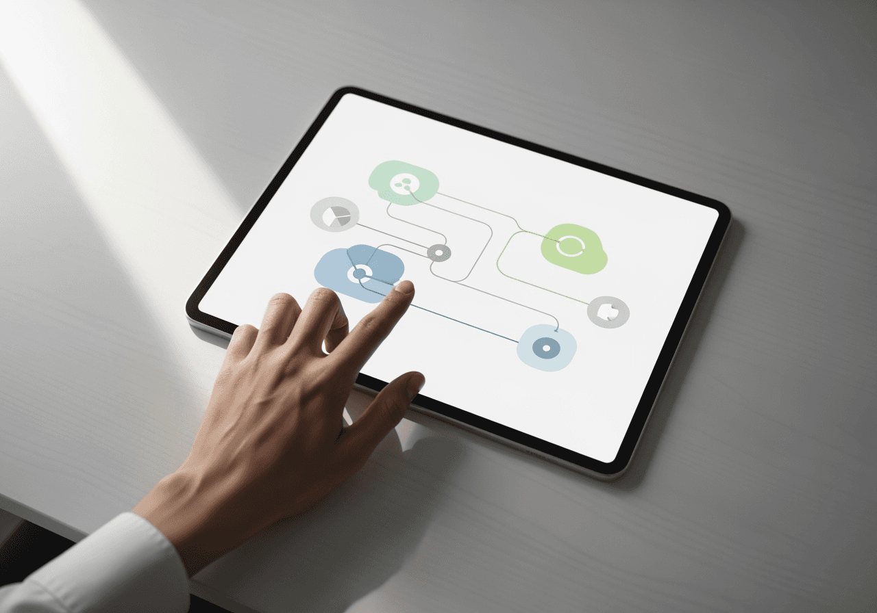 A top-down view of a hand using a tablet, illustrating the simple and clean process of creating AI videos.