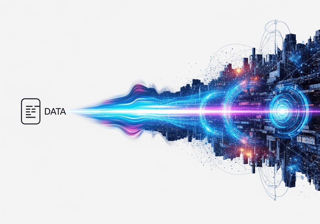 An abstract image showing a streak of light turning a text icon into a high-quality landscape, symbolizing fast video generation.