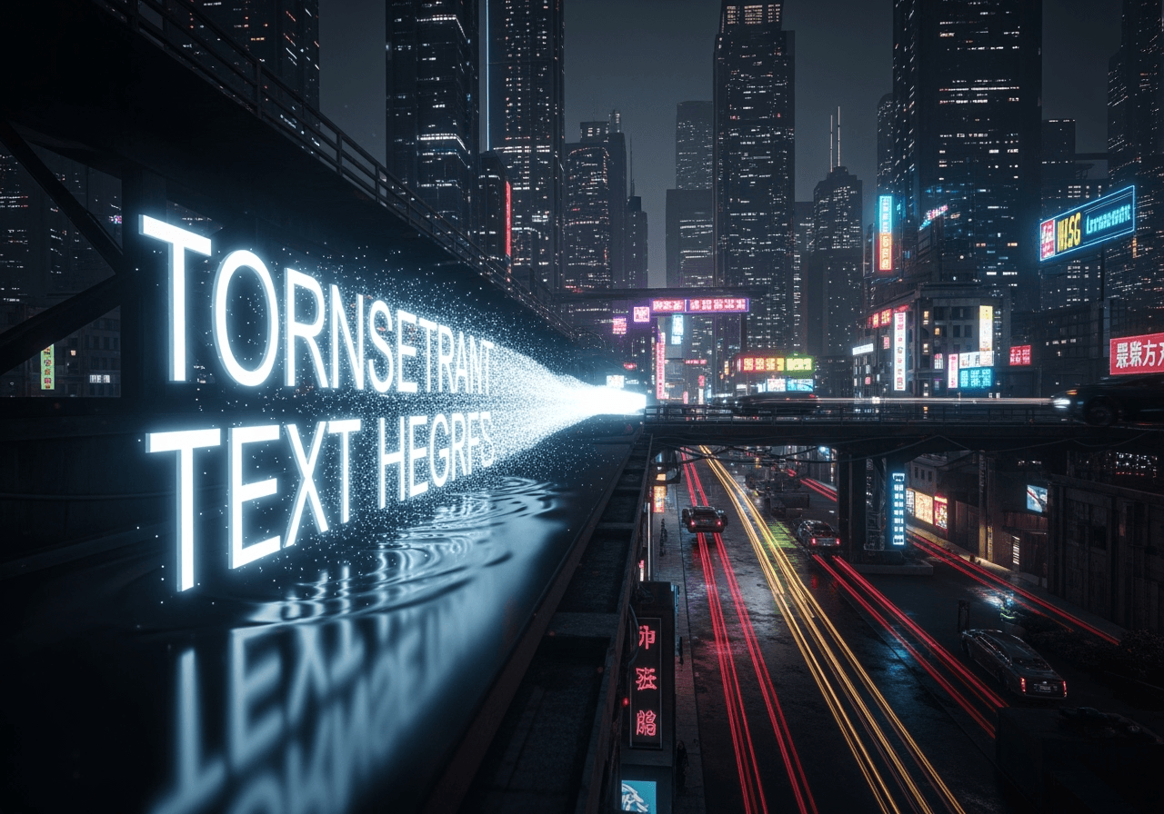 A glowing text prompt transforming into a cinematic video scene of a futuristic city, representing AI video generation.