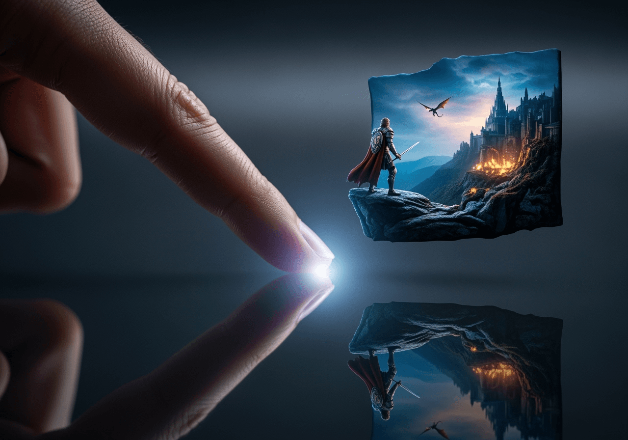 A finger touches a screen, causing a miniature fantasy world to appear, symbolizing easy AI video creation.