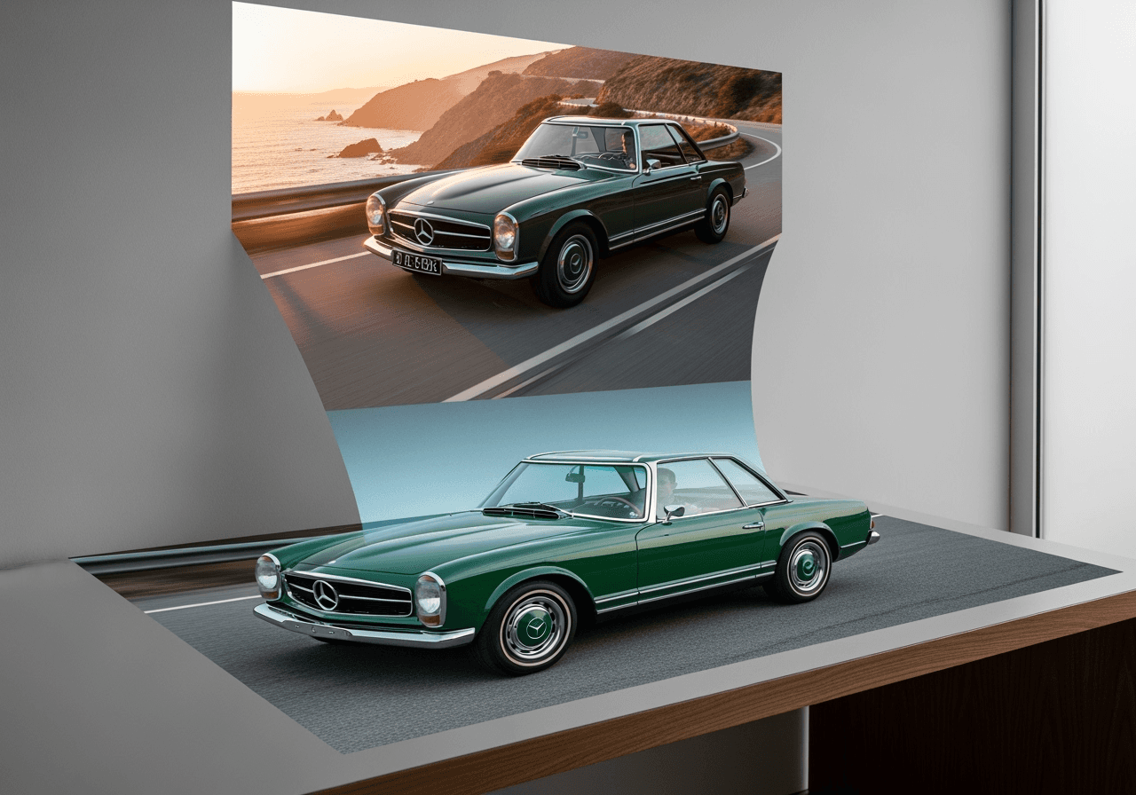 A single photograph on a desk transforming into a dynamic video scene of a car driving.
