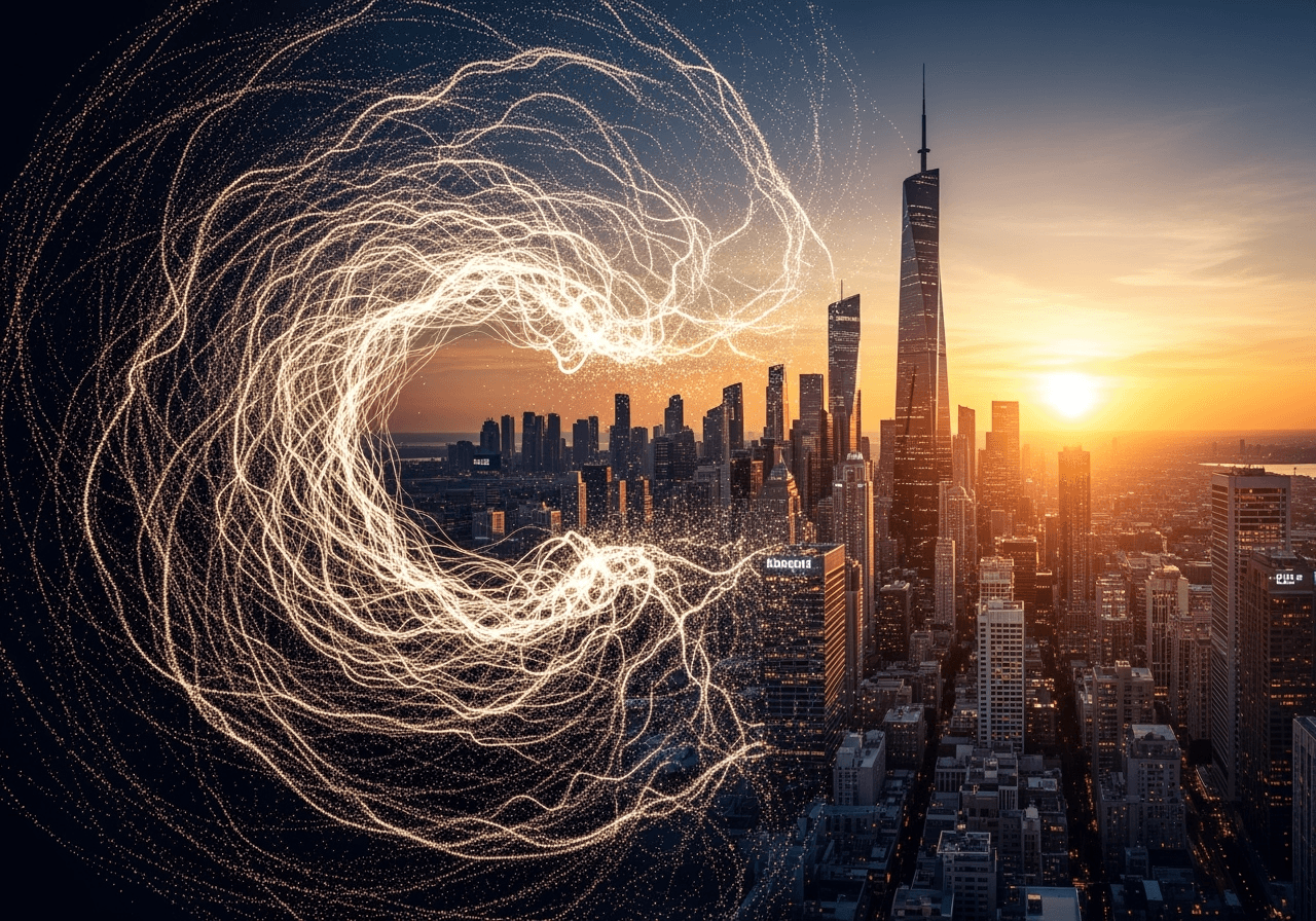 An abstract representation of a text prompt transforming into a photorealistic futuristic city, symbolizing AI image generation.