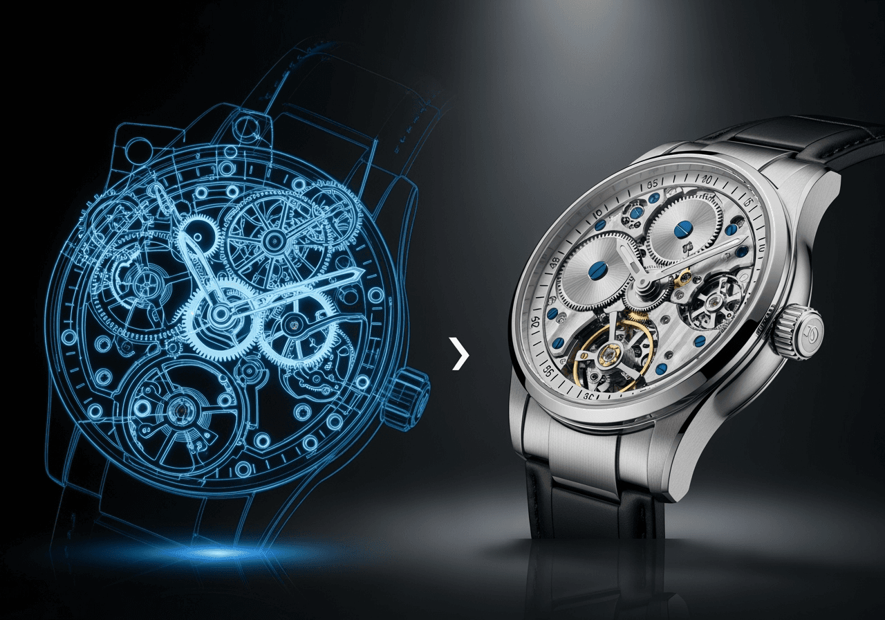 A complex blueprint of a watch next to its photorealistic final version, showcasing the AI's ability to generate high-quality, detailed images.