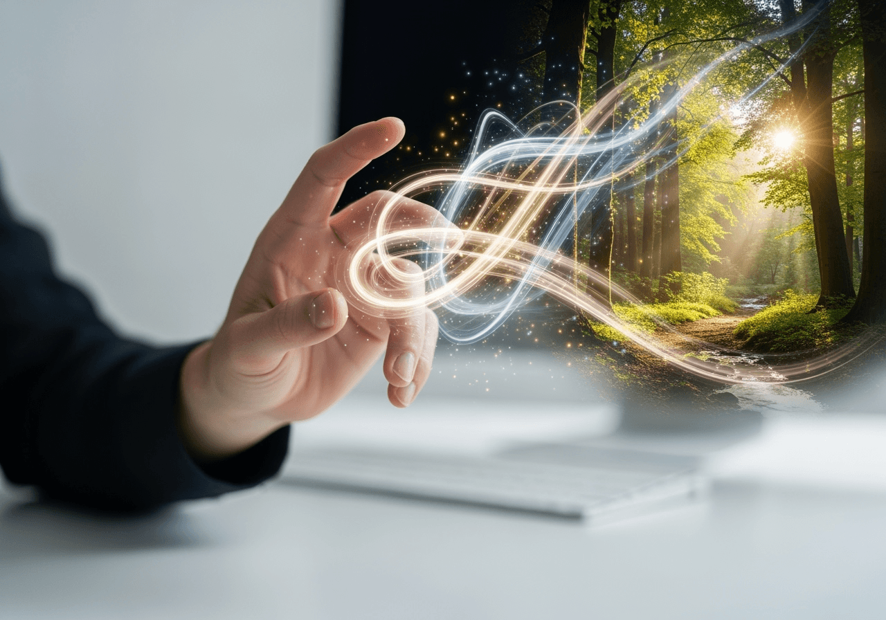 A hand gestures in a minimalist setting, and a forest image magically appears, representing the simple three-step process of AI image creation.