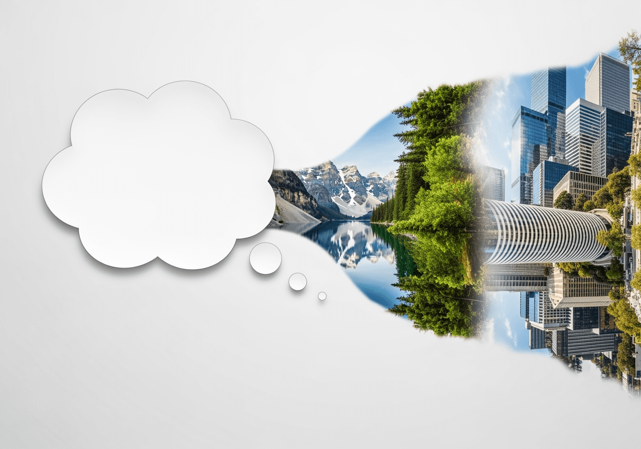 Abstract art showing a thought bubble turning into a realistic landscape, representing AI image generation.