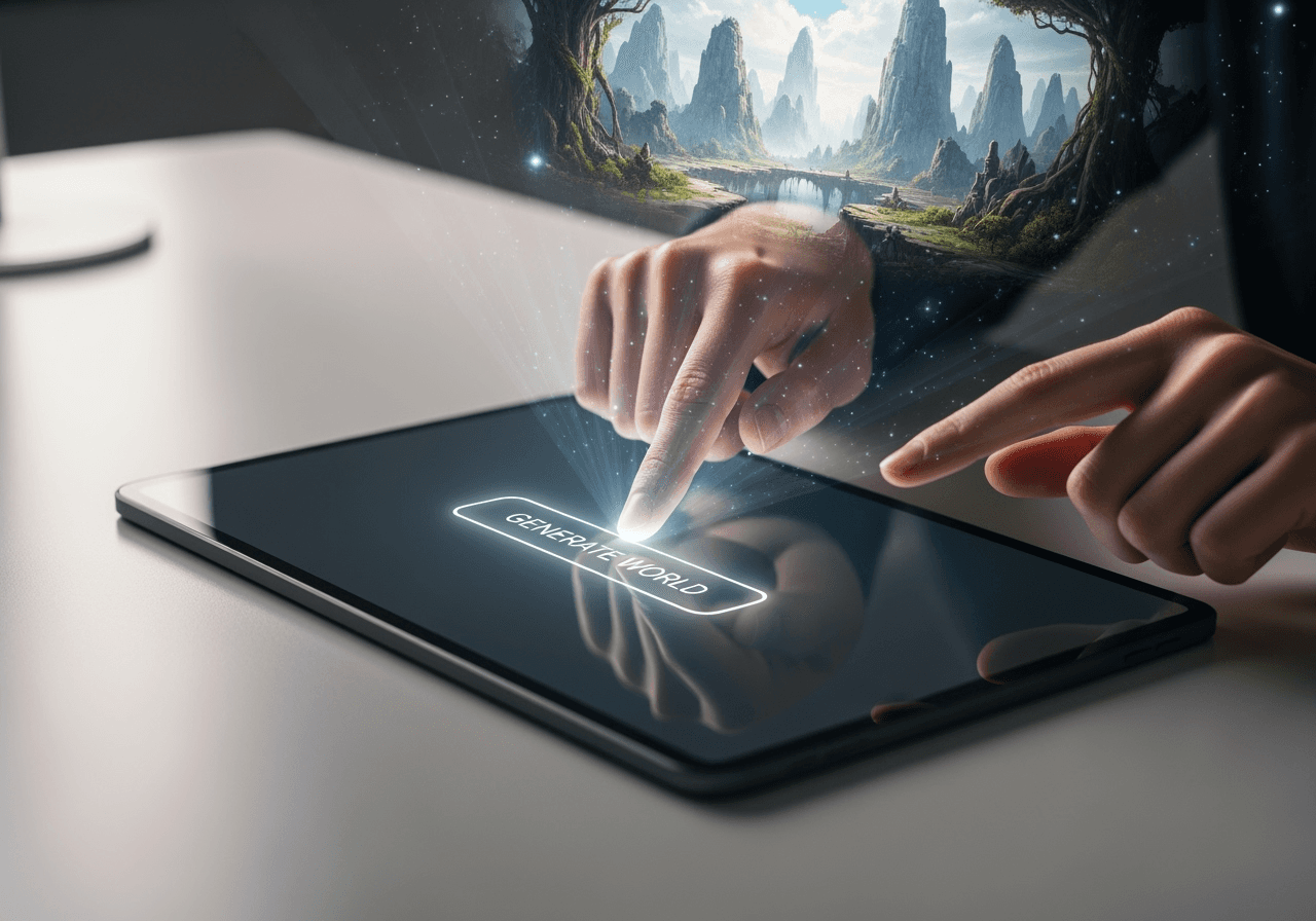 Hands using a simple tablet interface to generate a complex image, symbolizing ease of use.