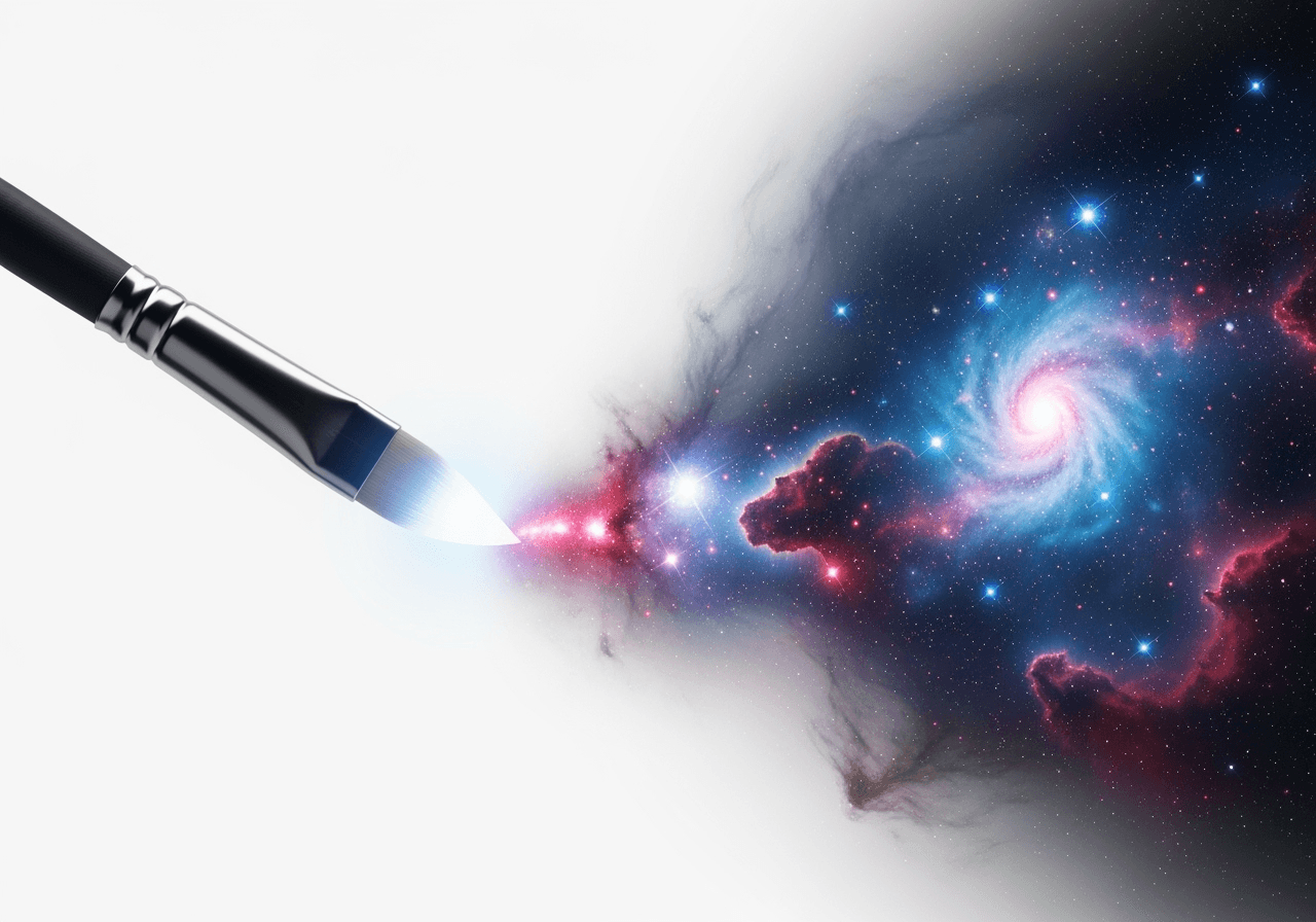A glowing digital paintbrush creating a photorealistic nebula, symbolizing AI image generation.