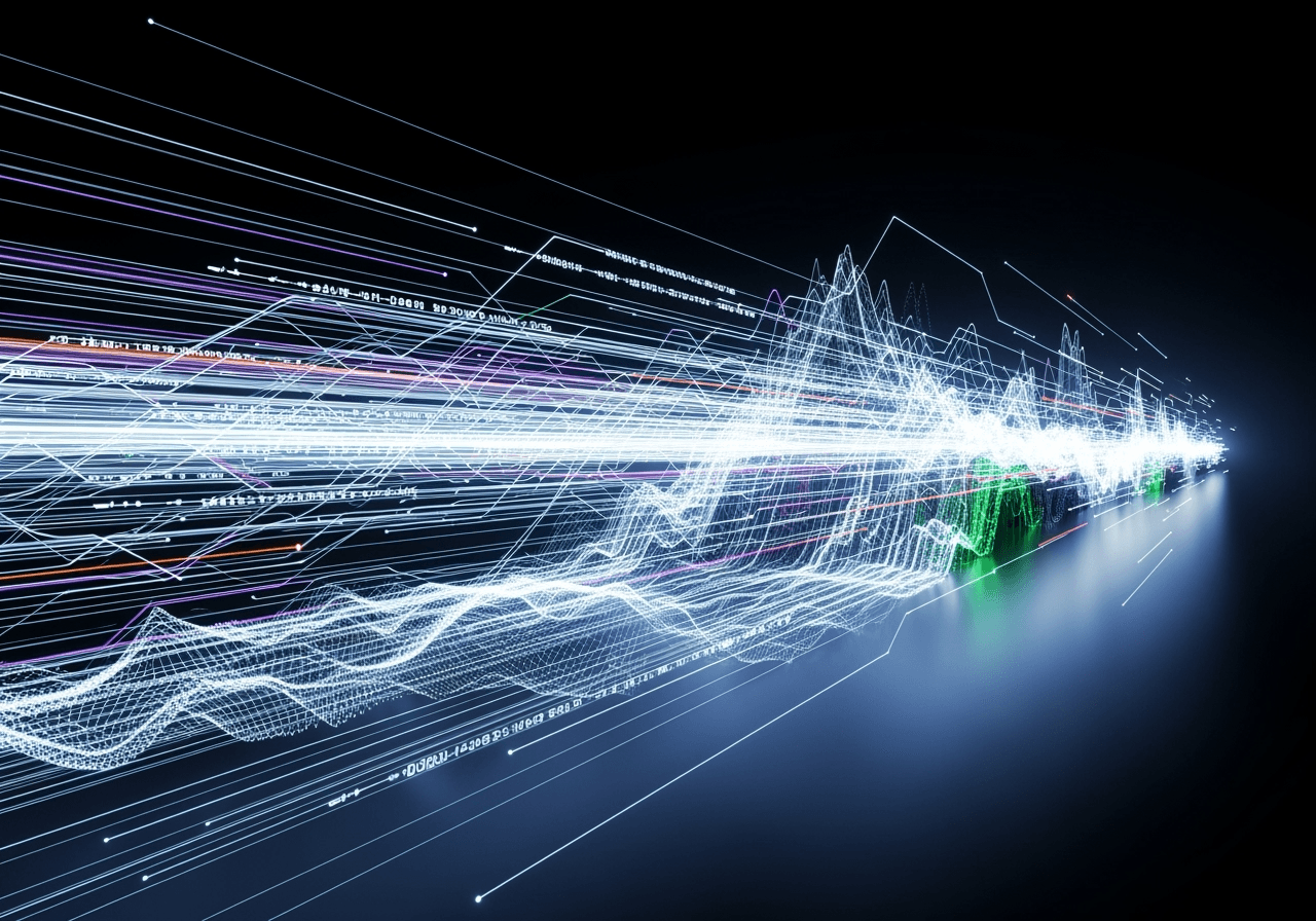 An abstract visualization of text converting into a complex image at high speed, representing fast AI generation.