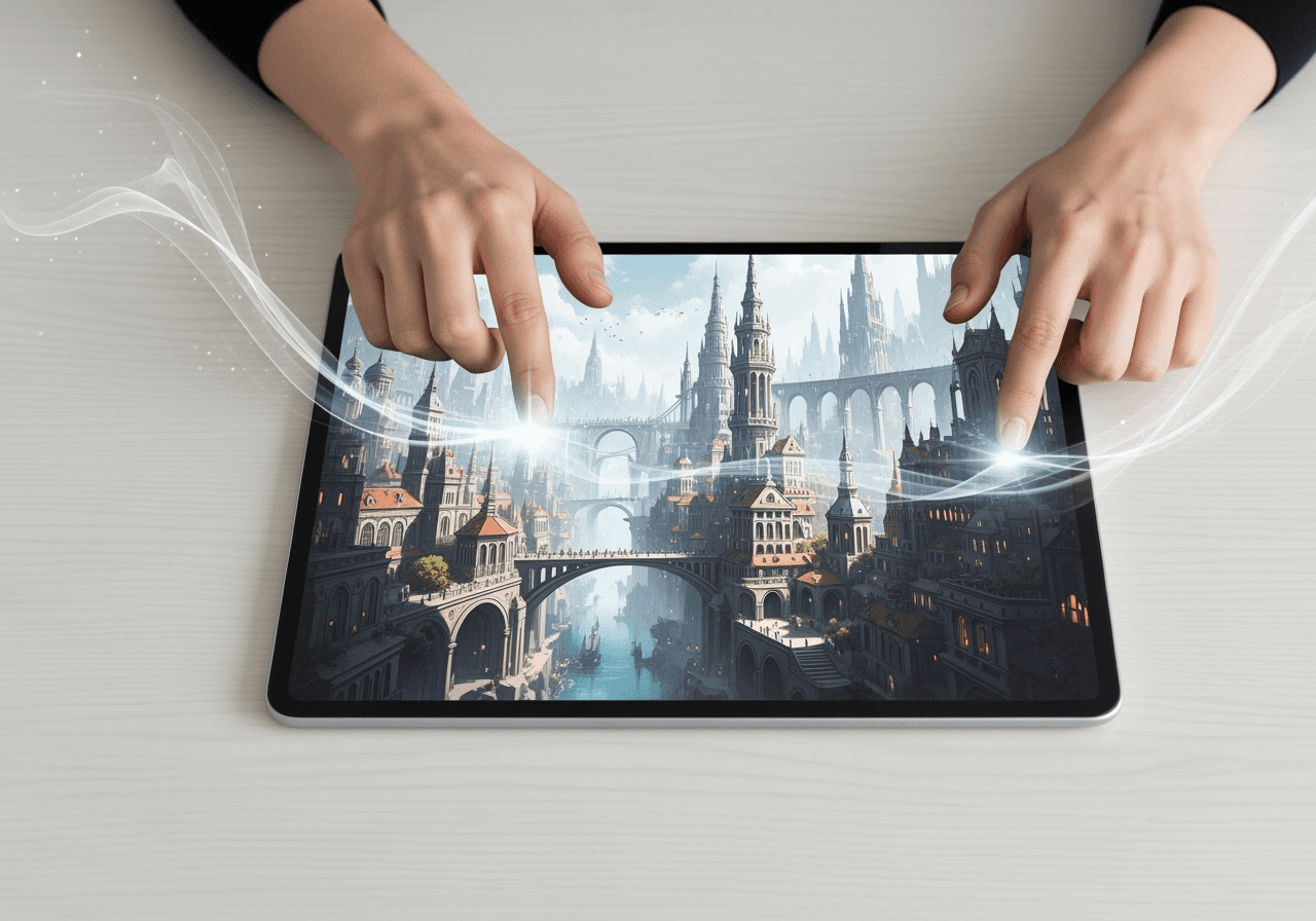 Top-down view of hands using a tablet to generate a fantasy city, symbolizing the easy-to-use AI process.