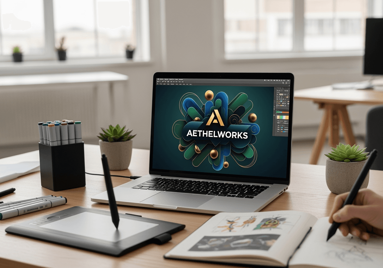 A modern designer's desk with a laptop showing an AI image used for a commercial project.