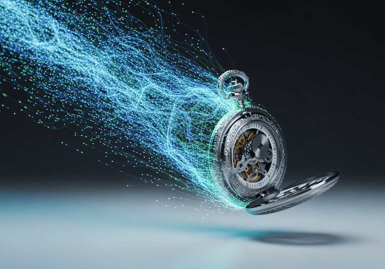 A stream of data quickly forming a detailed photorealistic watch, symbolizing speed and image quality.