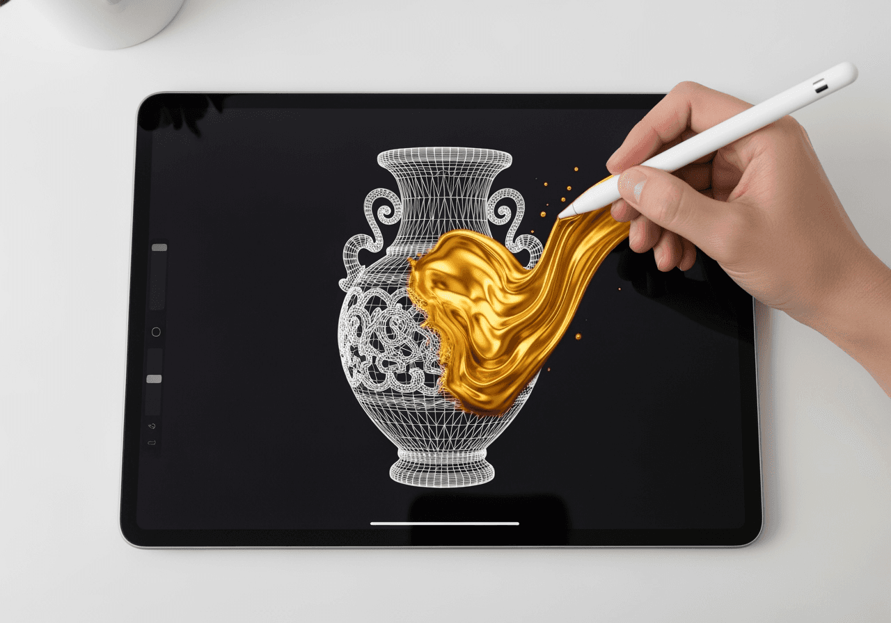 A digital stylus applying a liquid gold style to a vase's wireframe on a tablet, symbolizing the combination of image structure and text-based creativity.