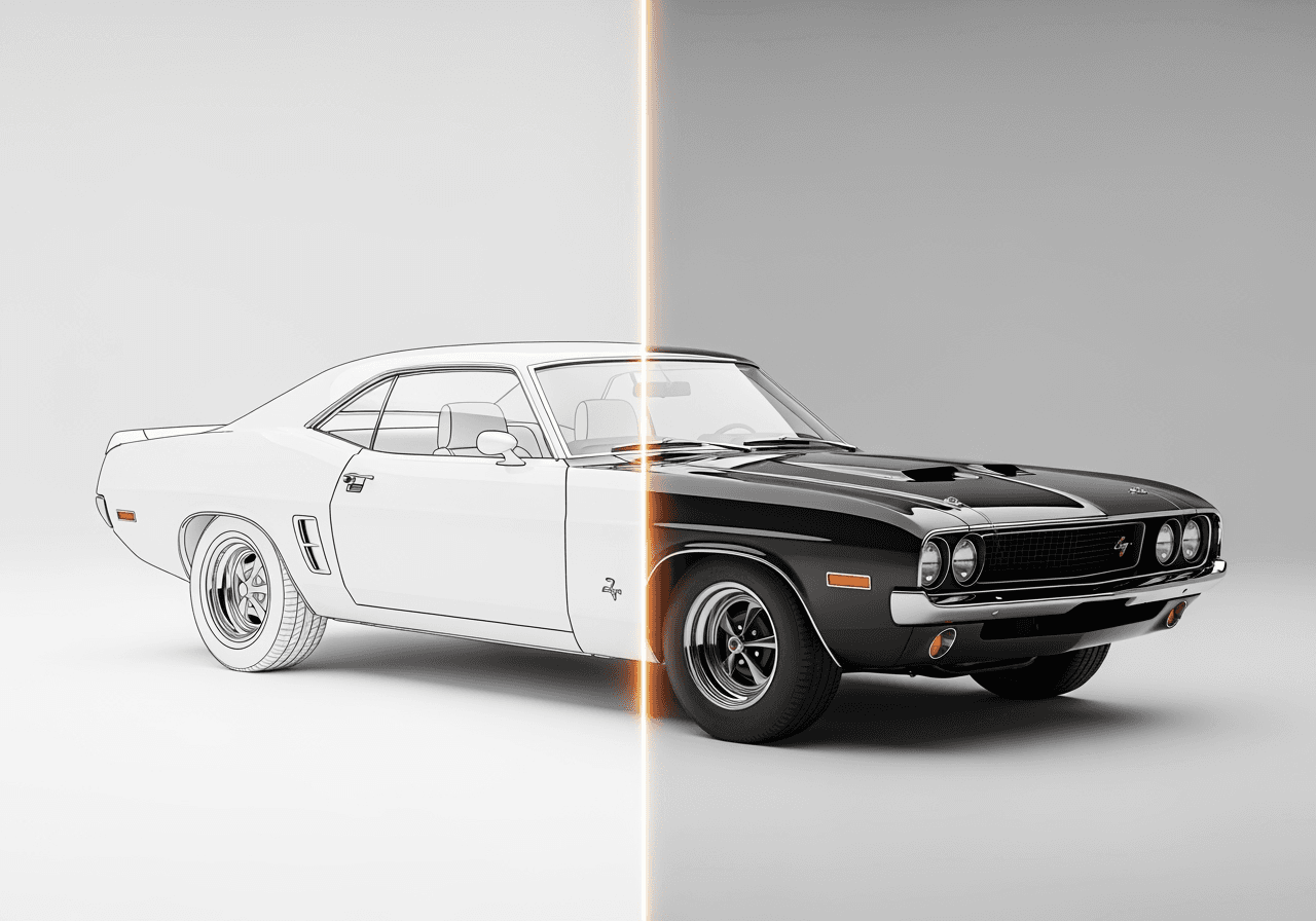 An AI transforming a car's edge outline into a photorealistic image, representing precise structural control.