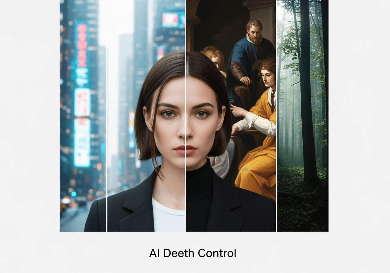 A single portrait of a woman branching into three different artistic styles, showcasing AI's ability to change background and style while preserving the subject.