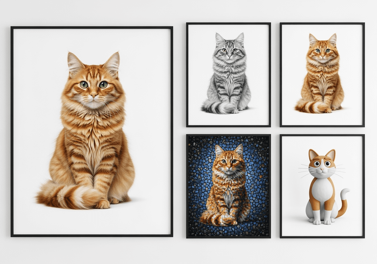 Four images of the same cat in different styles—photo, sketch, mosaic, and clay—showcasing the tool's creative versatility and efficiency.